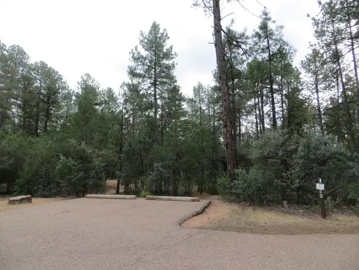 Houston Mesa, Black Bear Loop site #52 featuring parking and entrance to the wooded site.