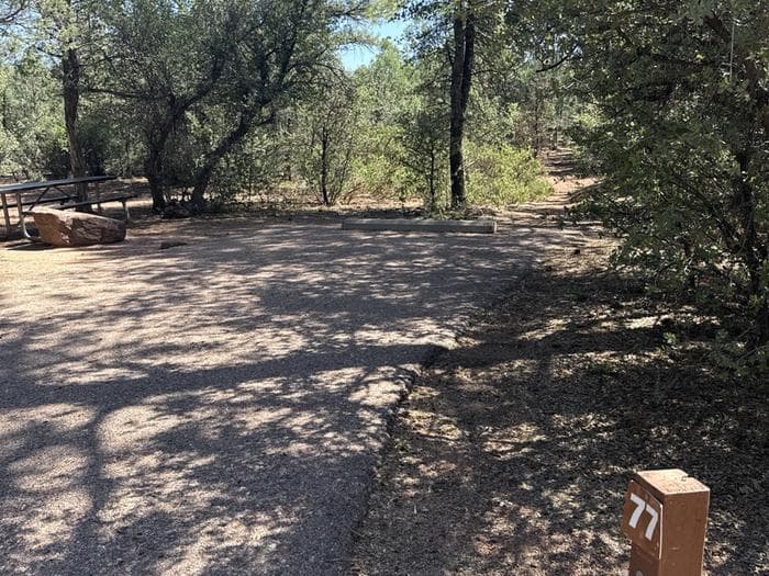 Houston Mesa, Mountain Lion Loop site #77 featuring parking and entrance to the wooded site.
